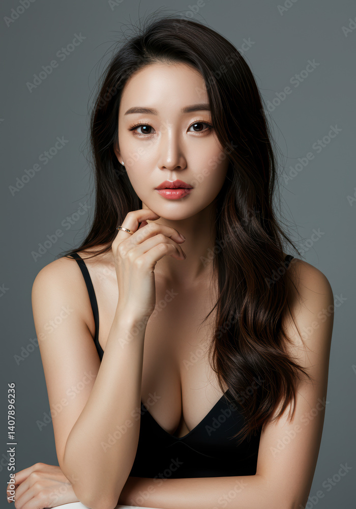 Portrait of a Beautiful Young Asian Woman with Long Dark Hair, Wearing a Black Top, Studio Shot, Perfect Skin, Elegant and Confident Portrait of a Beautiful Young Asian Woman with Long Dark Hair, Wearing a Black Top, Studio Shot, Perfect Skin, Elegant and Confident