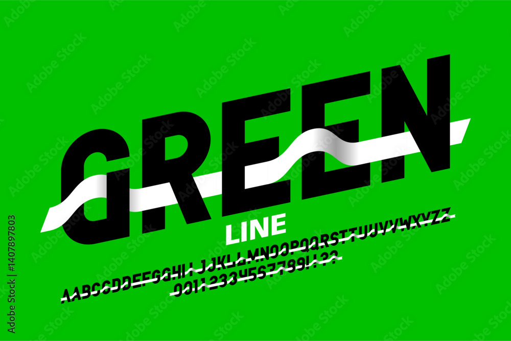 Modern font with ribbon, alphabet letters and numbers vector illustration
