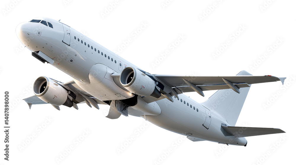 Obraz premium Soaring Above the Clouds: A pristine, modern airplane ascends gracefully, symbolizing travel, exploration, and the pursuit of new horizons.