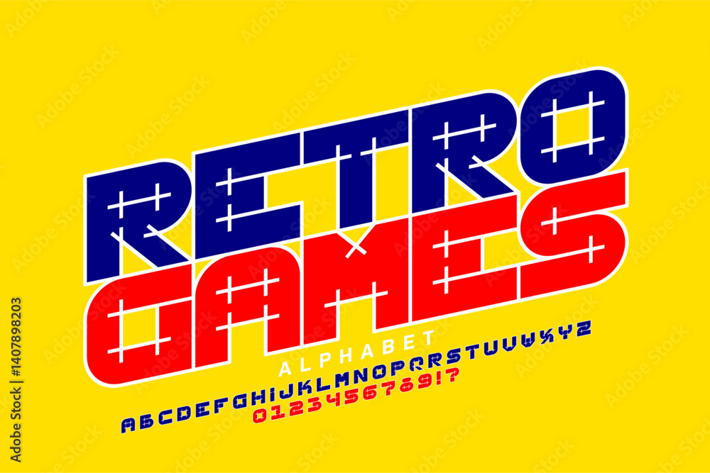 Retro games style font, alphabet letters and numbers vector illustration