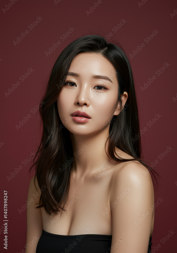 Fototapeta premium Beautiful Asian Woman with Long Black Hair and Smooth Skin, Portrait Photography against a Maroon Background, Ideal for Beauty, Fashion, and Cosmetics Advertising