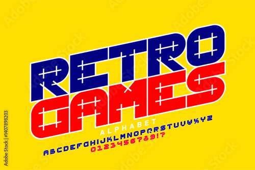 Obraz na płótnie Retro games style font, alphabet letters and numbers vector illustration w salonie