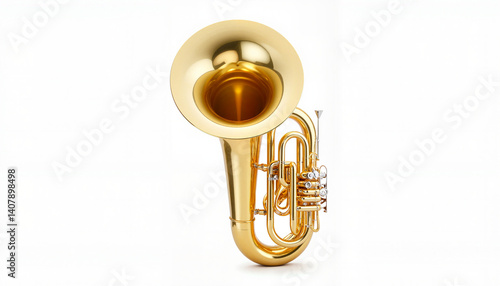 Golden tuba against a plain white background  