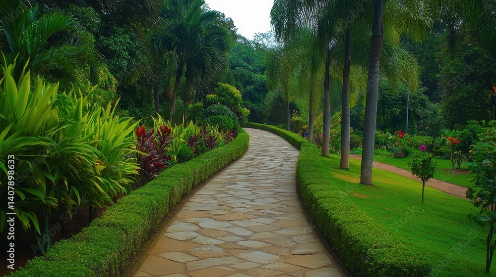 Obraz premium Tree Path in the Park: Scenic Footpath Through Lush Green Forest