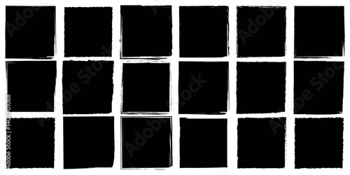 Grunge square and rectangle frames. Ink empty black boxes set. Rectangle borders collections. Rubber square stamp imprint. Vector illustration isolated on white background.