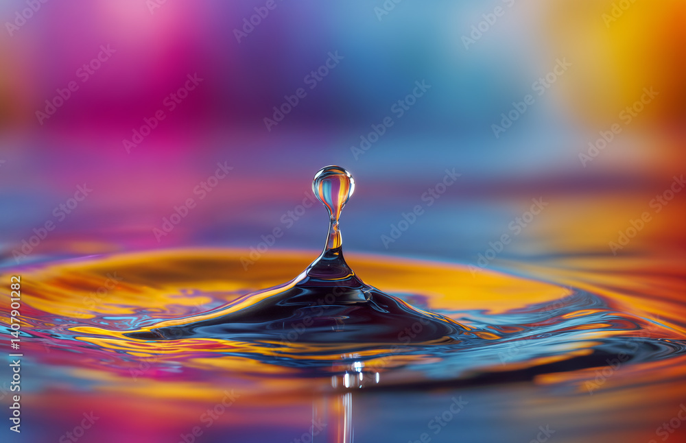Obraz premium A Water droplet creates colorful ripples in still water. Vibrant colorful abstract photo of nature with a mix of orange, blue, pink, yellow colors