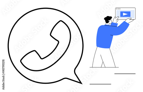 Large phone call bubble beside a person holding a video interface. Ideal for communication, media, contact, networking, marketing, customer support, and simple landing page