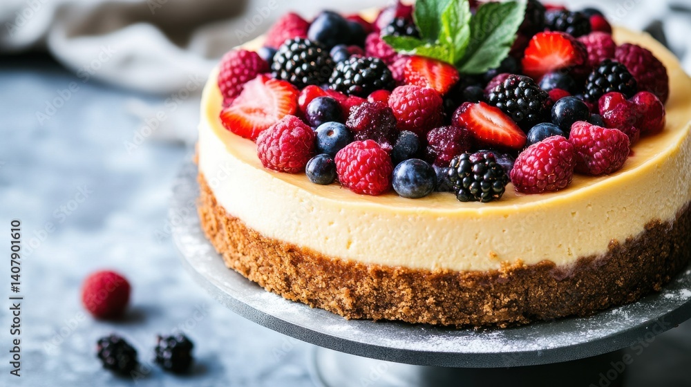 A creamy cheesecake topped with an assortment of fresh berries, including raspberries, blueberries, and blackberries, served on a gray plate. A creamy cheesecake topped with an assortment of fresh berries, including raspberries, blueberries, and blackberries, served on a gray plate.