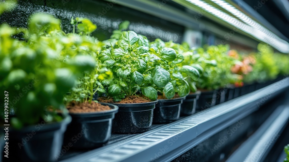 Lush green basil plants arranged in pots on shelves under bright LED grow lights in a modern greenhouse Lush green basil plants arranged in pots on shelves under bright LED grow lights in a modern greenhouse