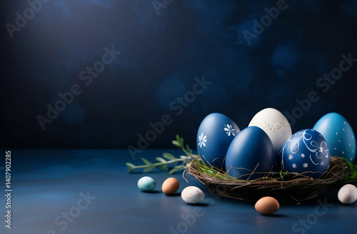 dark blue background copy space with easter eggs and decoration, free space for text and greetings