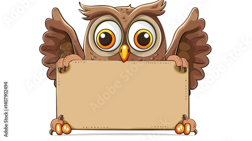 Cute happy owl cartoon holding blank sign with wide eyes feathers smiling character perfect for message notes banner and kids art