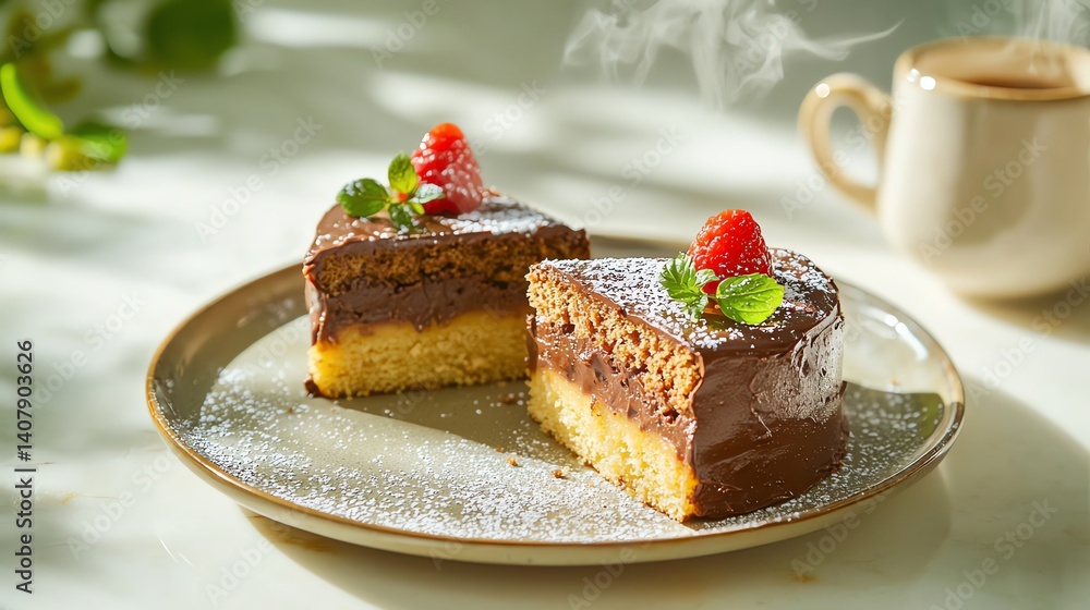 Delicious chocolate cake slice, garnished with raspberries and mint leaves. Delicious chocolate cake slice, garnished with raspberries and mint leaves.