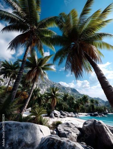 Vibrant coconut trees sway on a tropical island surrounded by rocky beach and tranquil waters