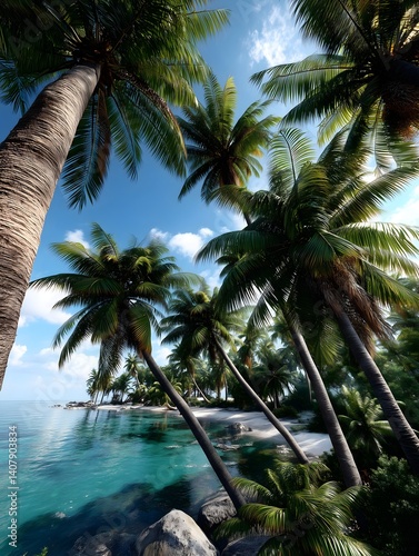 Coconut trees line a picturesque tropical island. Rocky formations lead to calm waters, creating a serene atmosphere.