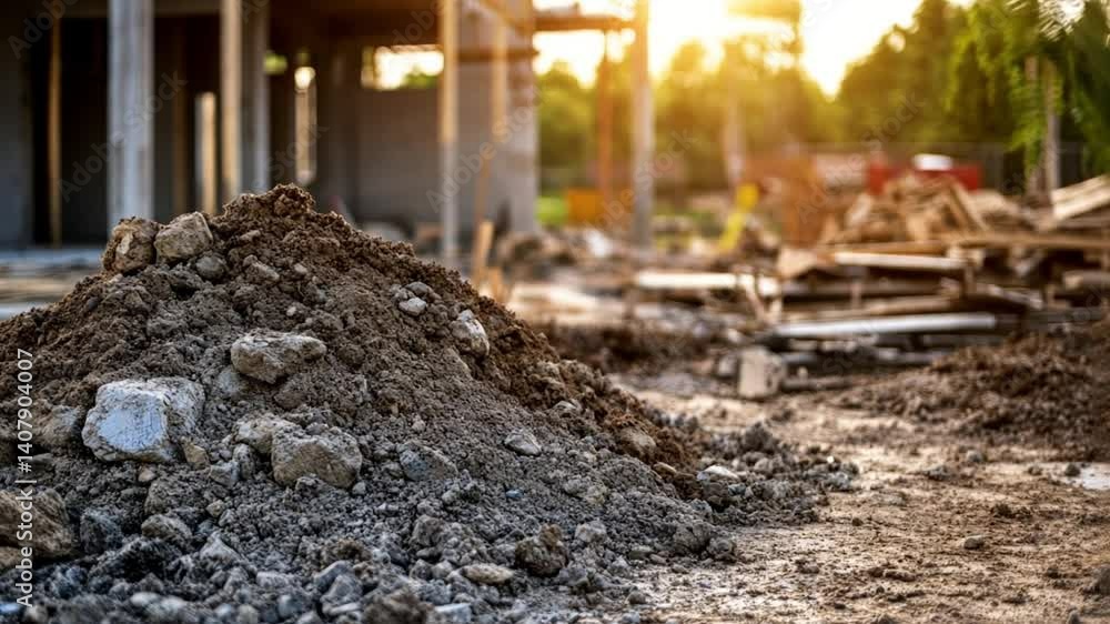 Construction Site: Pile of Soil and Stones at Sunset Construction Site: Pile of Soil and Stones at Sunset