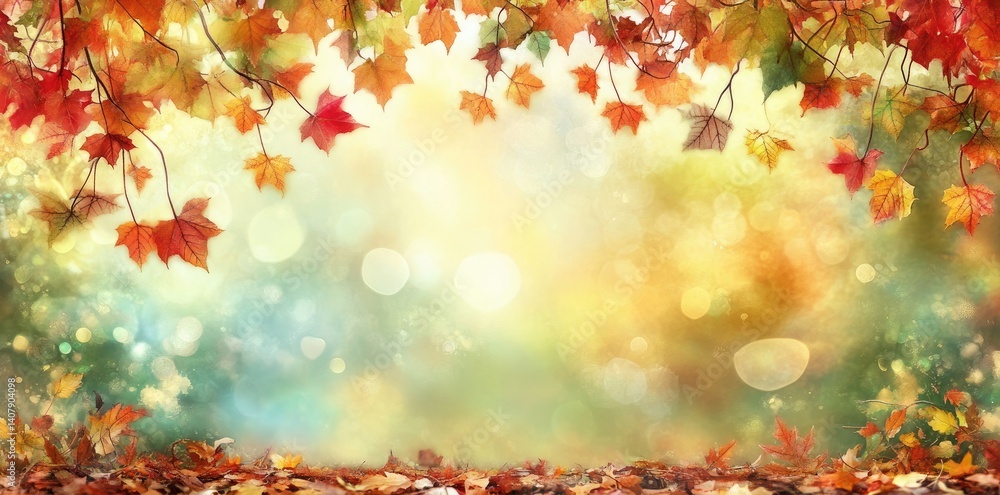 Autumn Maple Leaves Display with Sunlight and Bokeh Effect; Festive Backdrop Autumn Maple Leaves Display with Sunlight and Bokeh Effect; Festive Backdrop
