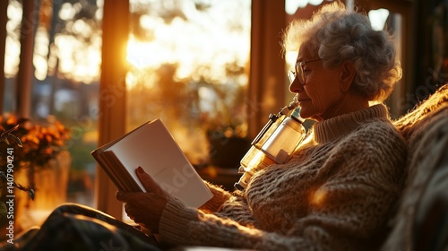 Enjoying a tranquil evening, an elderly woman reads by the warm glow of sunset while sipping from a glass bottle in a cozy room