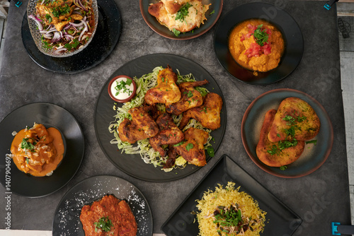 A table with many plates of food, including a plate of chicken wings. There are also plates of rice and other dishes