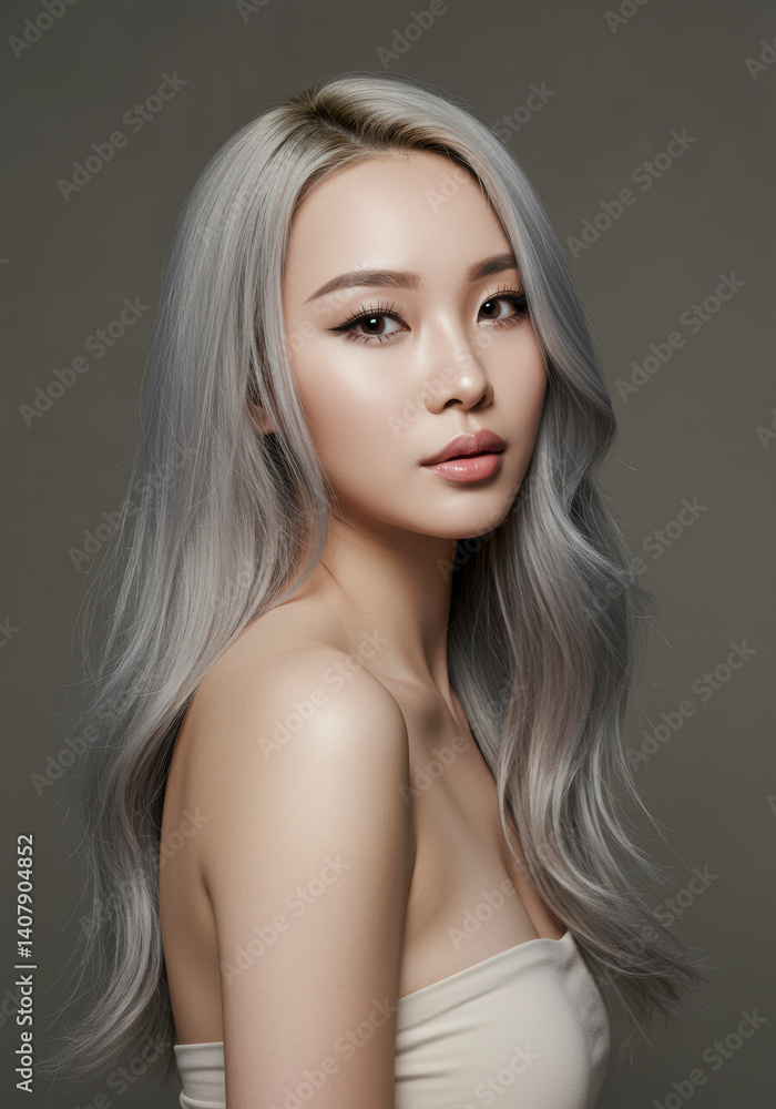 Fototapeta premium Stunning Asian Woman with Silver Gray Wavy Hair, Perfect Makeup and Smooth Skin, Elegant Beauty Portrait for Cosmetics, Fashion, and Haircare Advertisements