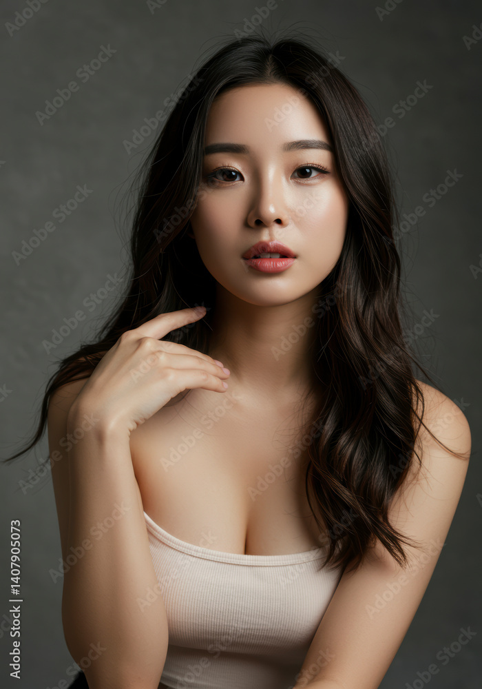 Portrait of a Beautiful Young Asian Woman with Long Wavy Hair, Wearing a Cream-Colored Tank Top, Studio Shot Against a Gray Background, Ideal for Beauty, Fashion, and Cosmetics Advertising. Portrait of a Beautiful Young Asian Woman with Long Wavy Hair, Wearing a Cream-Colored Tank Top, Studio Shot Against a Gray Background, Ideal for Beauty, Fashion, and Cosmetics Advertising.