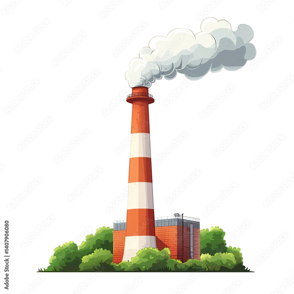 Factory emitting smoke tall chimney industrial building green bushes
