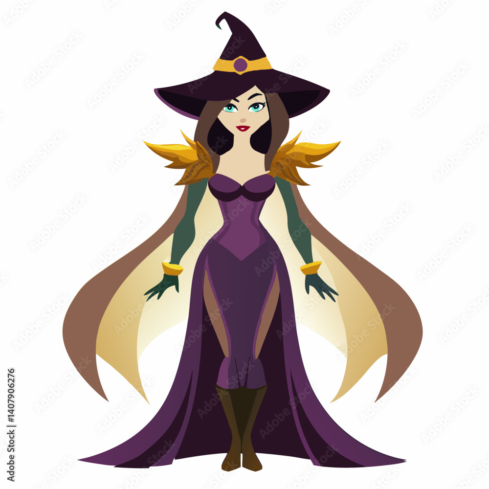Adorable witch character in a violet dress with a hat . Isolated on white background. Suitable for posters,sticker, logo, children's books,games . Vector illustration
Adorable witch character in a violet dress with a hat . Isolated on white background. Suitable for posters,sticker, logo, children's books,games . Vector illustration
