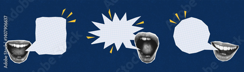 Collage cutout empty speech bubbles with halftone mouth set. Paper cut elements of different shapes communication bubbles and female lips. Collage design with halftone effect. Vector.