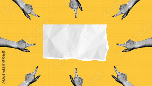 Halftone collage hands point their fingers towards an empty banner made of torn, crumpled paper. Design of advertising banner or poster with collage arms. Vector.