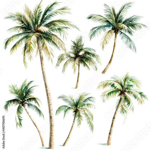 Set of palm trees in a watercolor style on a transparent background PNG