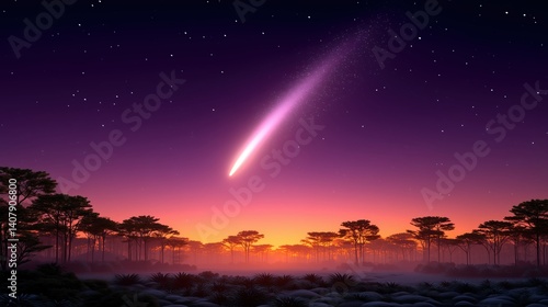 Fototapeta Naklejka Na Ścianę i Meble -  A vibrant comet streaks across a twilight sky illuminating silhouetted prehistoric dinosaurs within a misty ancient forest at sunset creating a breathtaking prehistoric scene.