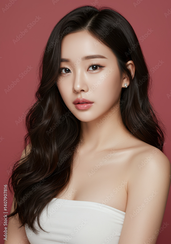 Stunning Asian Woman with Long Wavy Black Hair, Flawless Skin, and Minimal Makeup, Portrait Against a Dusty Rose Background. Stunning Asian Woman with Long Wavy Black Hair, Flawless Skin, and Minimal Makeup, Portrait Against a Dusty Rose Background.