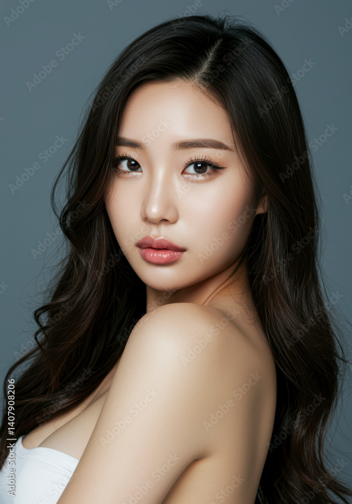 Stunning Portrait of a Young Asian Woman with Long, Wavy Black Hair and Flawless Skin, Perfect for Beauty, Cosmetics, and Skincare Advertising Stunning Portrait of a Young Asian Woman with Long, Wavy Black Hair and Flawless Skin, Perfect for Beauty, Cosmetics, and Skincare Advertising