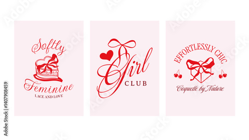 Coquette Typography Posters, Girly Bows and Cherry, Vintage Ribbons Sketch for Greeting Cards, Wedding or Birthday Party, Cute Elegant Cowgirl T-Shirts for Valentines Day