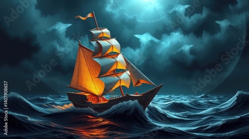 A wooden sailing ship navigates a moonlit sea, illuminated by warm light