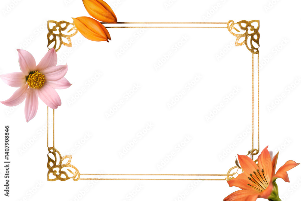 Naklejka premium Elegant Floral Frame with Gold Border and Lilies