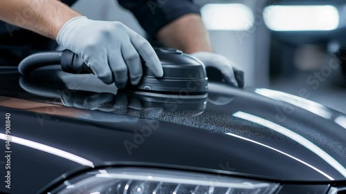 Young adultman polishing a sleek black car hood with precision in an auto detailing garage