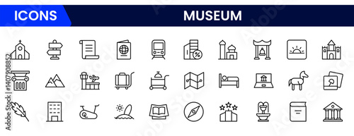 Minimalist vector line icon set showcasing museum themes—artifacts, history, culture, exhibits, and learning. Ideal for educational websites, tourism apps, and cultural institutions.