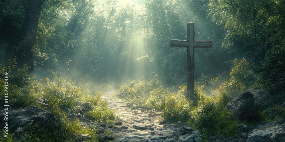 Fototapeta premium Misty Forest Memorial Cross on Woodland Path Marking Peaceful Place of Remembrance and Reflection