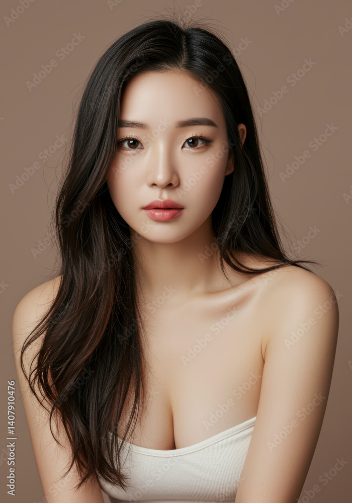 Asian Woman with Long, Flowing Black Hair and Smooth, Clear Skin, Wearing a Simple White Top Against a Neutral Background. Perfect for Beauty, Fashion, and Skincare Advertising. Asian Woman with Long, Flowing Black Hair and Smooth, Clear Skin, Wearing a Simple White Top Against a Neutral Background. Perfect for Beauty, Fashion, and Skincare Advertising.