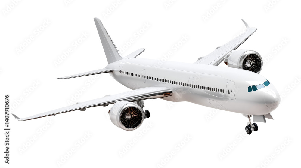 Obraz premium Modern Aircraft in Flight: A sleek, modern airplane soars gracefully through the sky, its wings extended in flight, showcasing its advanced design and aerodynamic form.