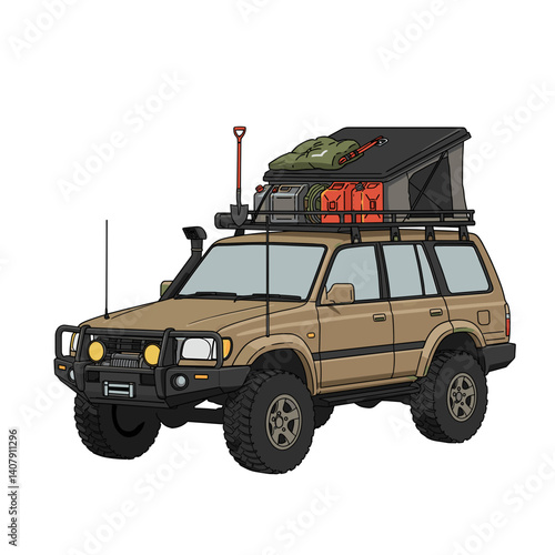 Off-Road Expedition Vehicle: A meticulously detailed illustration of a rugged off-road vehicle, fully equipped for adventure, featuring a roof rack loaded with camping gear.