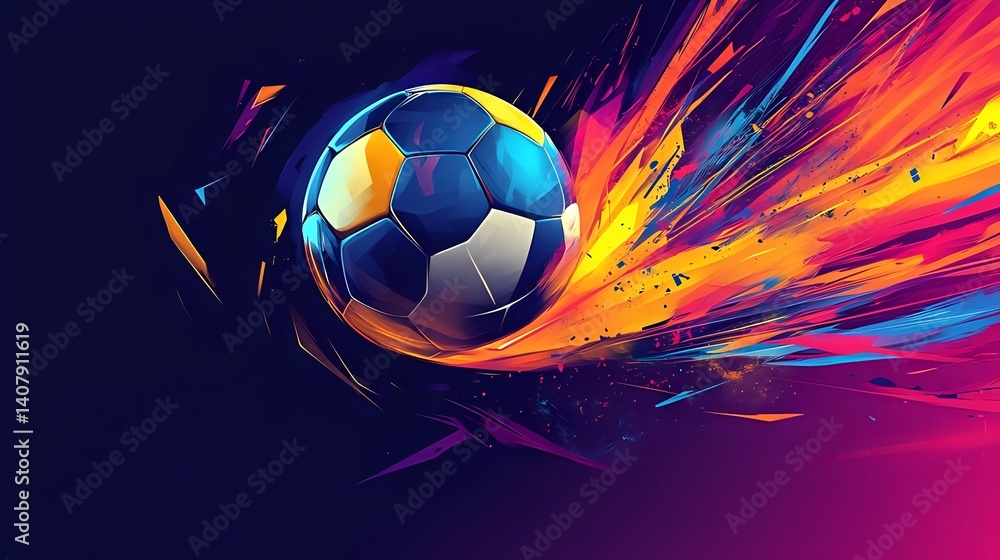 Naklejka premium A dynamic graphic composition of a soccer ball caught mid-air with motion trails, surrounded by abstract geometric shapes and explosive colors — capturing the speed, energy, and passion of football