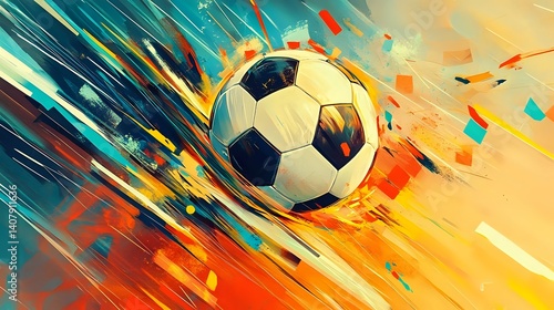 A dynamic graphic composition of a soccer ball caught mid-air with motion trails, surrounded by abstract geometric shapes and explosive colors — capturing the speed, energy, and passion of football