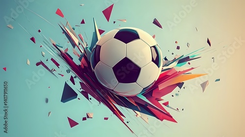 A dynamic graphic composition of a soccer ball caught mid-air with motion trails, surrounded by abstract geometric shapes and explosive colors — capturing the speed, energy, and passion of football