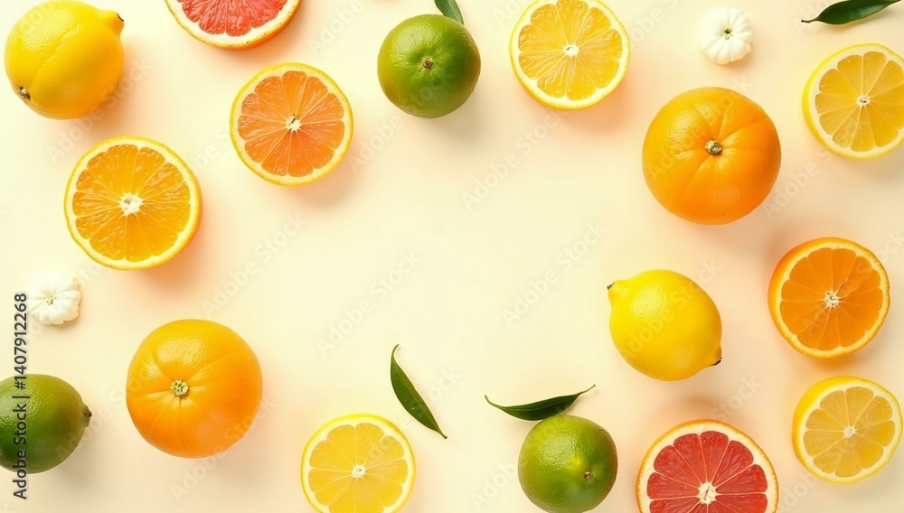 Bright and vibrant citrus fruits arranged in an artistic display on a light background garnishing any kitchen or dining table Bright and vibrant citrus fruits arranged in an artistic display on a light background garnishing any kitchen or dining table