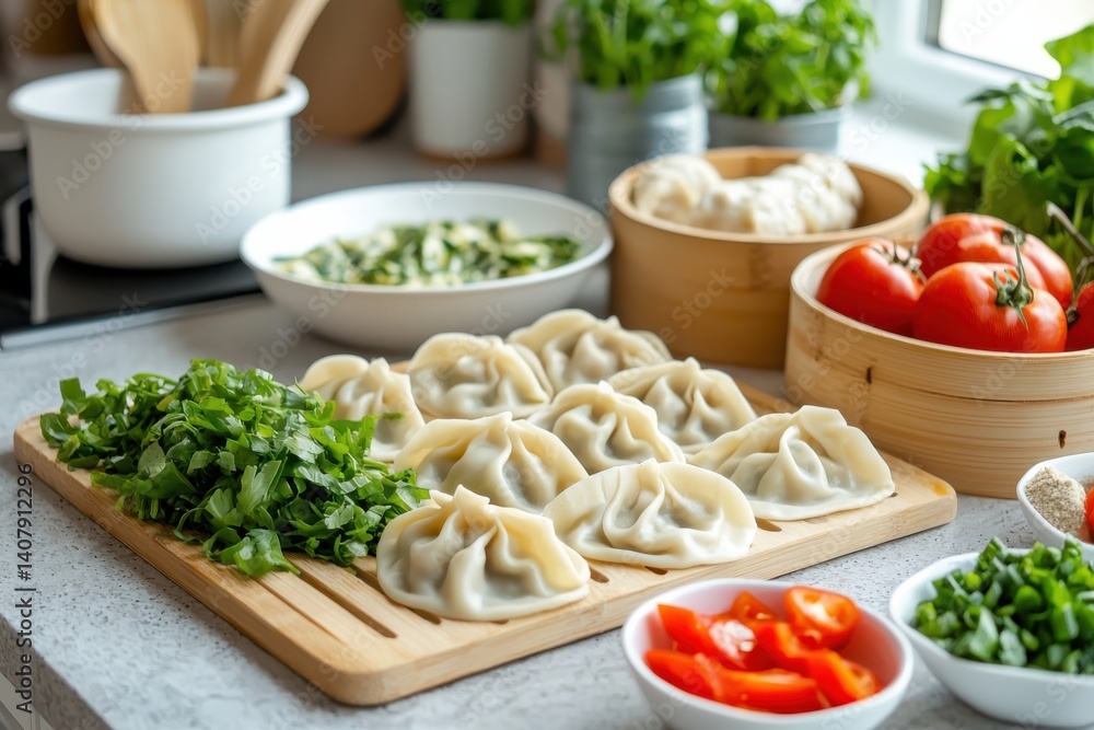 Homemade dumpling fillings preparation on marble countertop side view fresh ingredients bright daylight Homemade dumpling fillings preparation on marble countertop side view fresh ingredients bright daylight