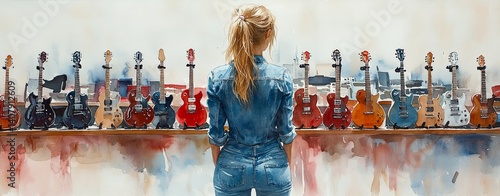 music room with guitars A woman admires a vibrant display of colorful guitars in a music shop. music room watercolor painting