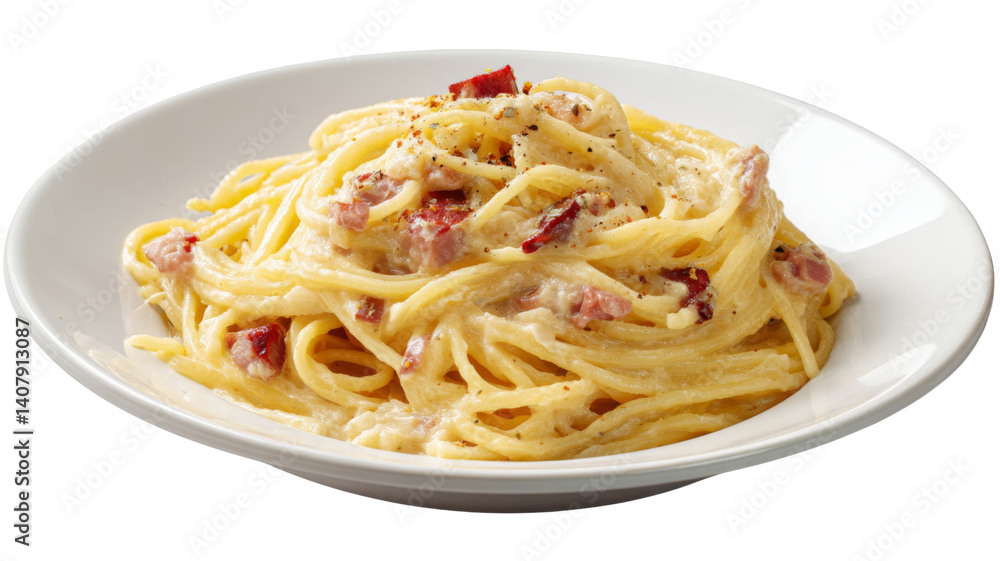 Delicious spaghetti carbonara with bacon and cheese on transparent background Delicious spaghetti carbonara with bacon and cheese on transparent background