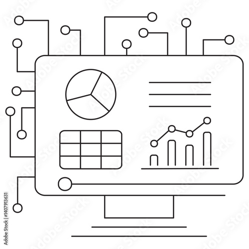 Icon of AI data chart, representing artificial intelligence data analysis and visualization with charts and graphs. Vector pictogram with thin black lines on a transparent. Editable line thickness
