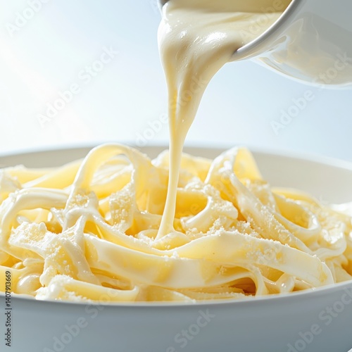 Silky cream poured over pasta bright kitchen close-up smooth texture realistic presentation